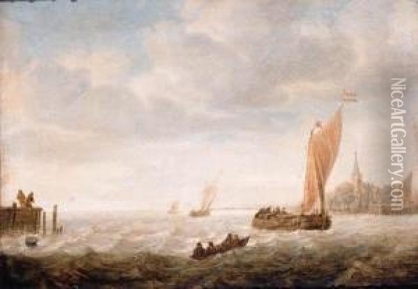 A Wijdschip Before The Wind 
Approaching A Harbour, With A Pink Andother Shipping Beyond, Anglers On A
 Jetty Nearby Oil Painting - Hieronymous Van Diest