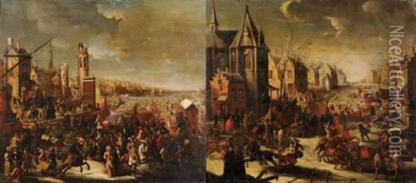 Traineaux Et Cavaliers Sur Une Riviere Gelee (pair) Oil Painting - Joseph Heintz the Younger