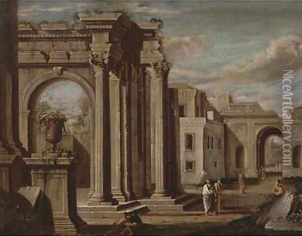 A capriccio of classical buildings with figures in the foreground Oil Painting - Viviano Codazzi