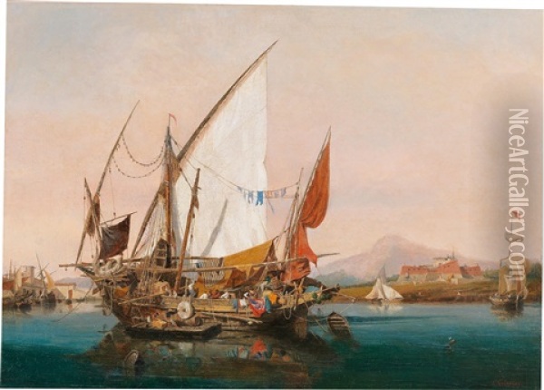 Sailors Loading A Ship In A Southern Harbour Oil Painting - Ambroise Louis Garneray