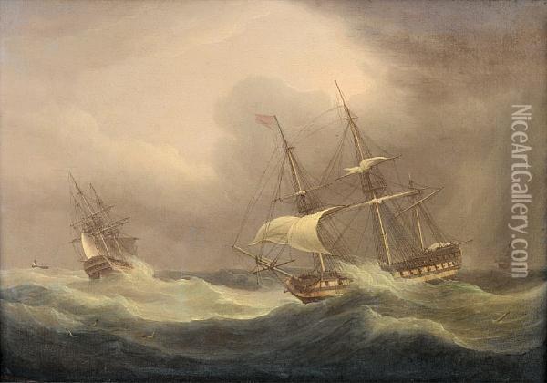 British Warships Battling The Elements Oil Painting - Thomas Whitcombe