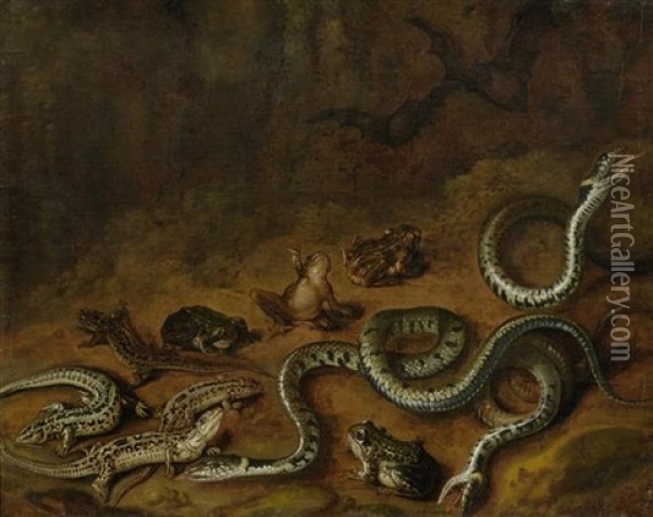 Waldstuck Mit Schlangen Und Froschen Oil Painting - Christiaan Luycks