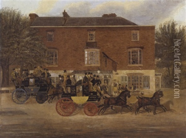 The Birmingham Tally-ho! Coaches Passing The Crown Inn At Holloway Oil Painting - James Pollard