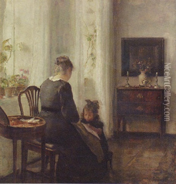 Mor Og Barn Ved Et Vindue Oil Painting - Carl Vilhelm Holsoe