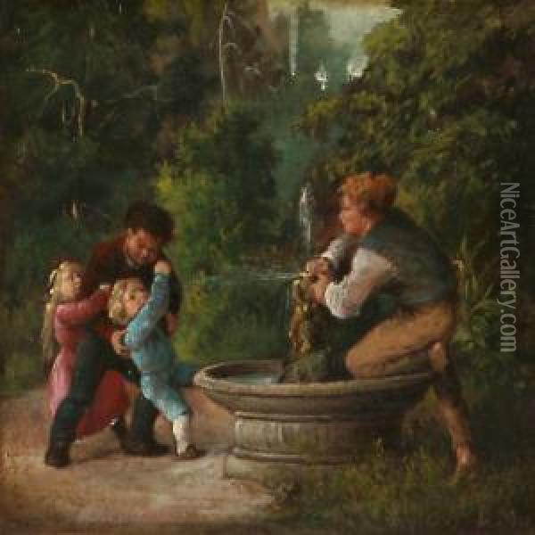 Two Older Boys Tease And Spray Water On Two Smallchildren Oil Painting - David Monies