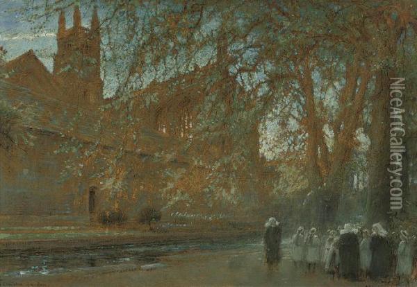 Warden's Garden Of Winchester College, With The Chapel Beyond Oil Painting - Albert Goodwin