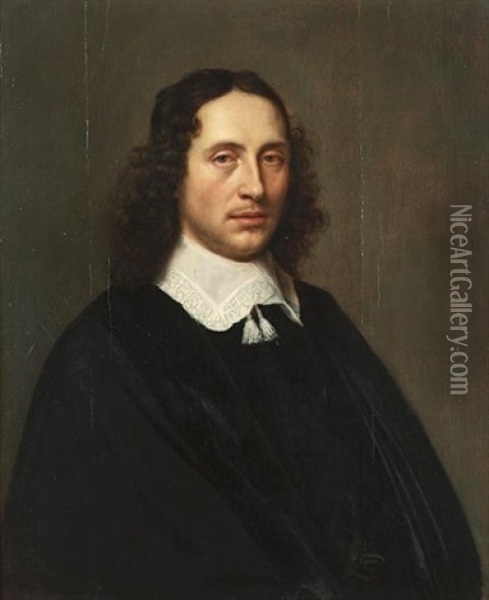 Portrait Of A Gentleman, Half-length, In Black Costume With A White, Lace-trimmed Collar Oil Painting - Jacobus Van Der Gracht