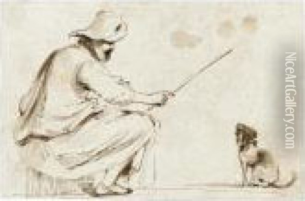 A Seated Man Wearing A Hat And Holding A Cane To Train A Dog Oil Painting - Guercino