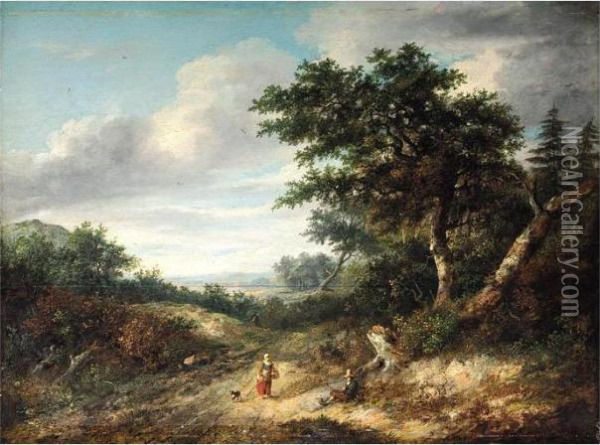 Wooded Landscape With Travellers On A Path Oil Painting - Philip Reinagle