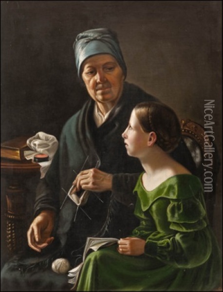 The Knitting Lesson Oil Painting - Johan Erik Lindh