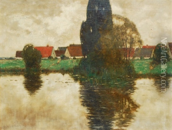 River Landscape With Houses Oil Painting - Carl Kuestner