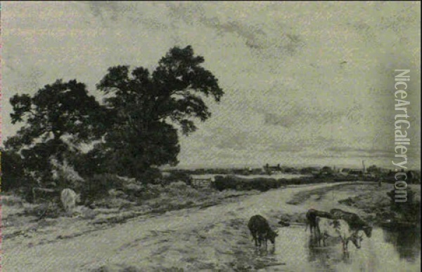 Cattle Watering Before A Village Oil Painting - Keeley Halswelle