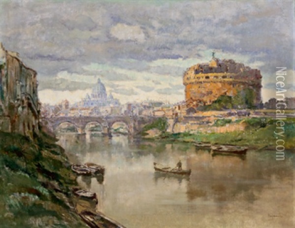 In Rom, Blick Uber Den Tiber Auf Die Engelsburg Und Den Petersdom Oil Painting - Otto Hammel