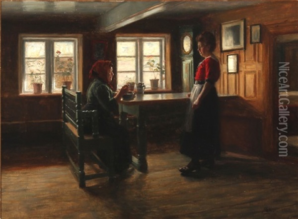 Interior Of A Farm House With Two Women Oil Painting - Soren Christiansen