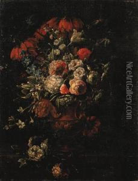 Roses, Tulips, Hyacinths And Other Flowers In A Terracotta Vase Ona Ledge Oil Painting - Caspar Pieter I Verbrugghen