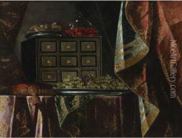 Still Life Of A Chest, Fruit And Other Objects On A Brocadedraped Table Oil Painting - Carlo Manieri