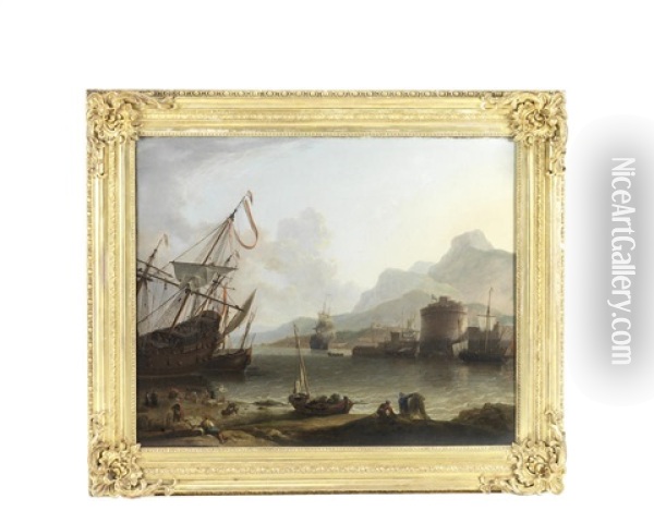 A Mediterranean Harbour With Shipping At Anchor And Stevedores On The Shore Oil Painting - Adriaen Van Der Cabel