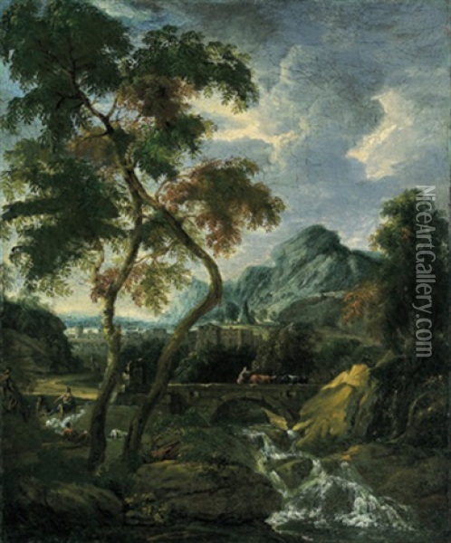 Gebirgige Landschaft Mit Einer Steinernen Bogenbrucke Uber Einem Sturzbach Oil Painting - Anton Faistenberger