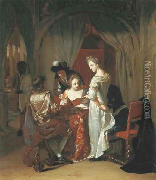 Elegant company playing tric-trac around a table in an interior Oil Painting - Thomas van der Wilt