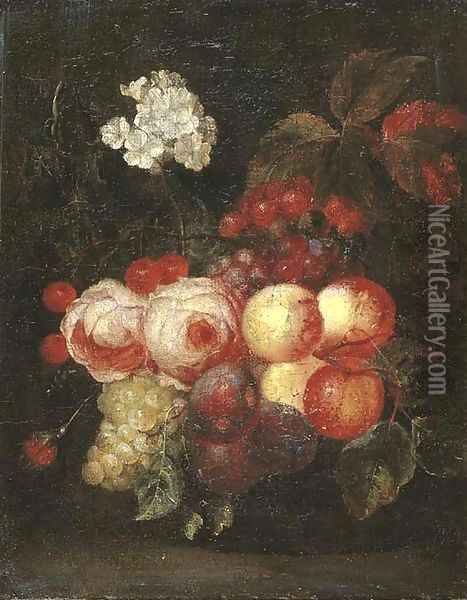 Roses, peaches, plums, bunches of grapes, cherries and flowers on a ledge Oil Painting - Cornelis De Heem