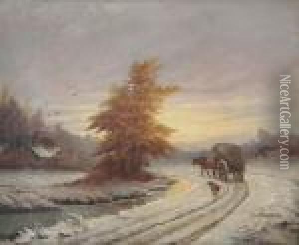 Winterlandschap Met Paard Met Huifkar En Hond In Bocht Oil Painting - Jef Louis Van Leemputten