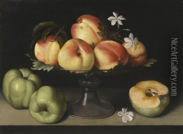 A Crystal Fruit Stand With Peaches, Quinces, And Jasmine Flowers Oil Painting - Fede Galizia