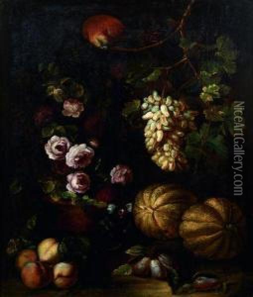 Singe Et Perroquet Au Milieu D'une Nature 
Morte De Fruits Et De Fleurs Oil Painting - Giuseppe Vincenzino