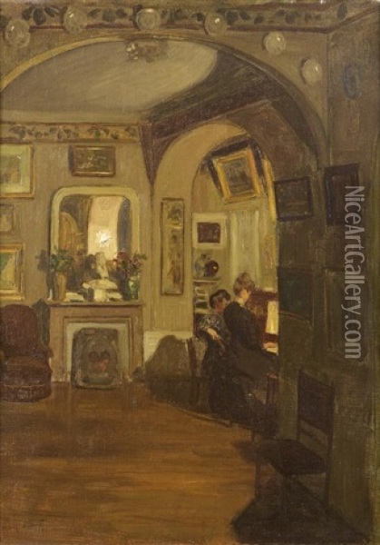 Deux Femmes Au Piano Dans Un Salon Oil Painting - Henry Bouvet