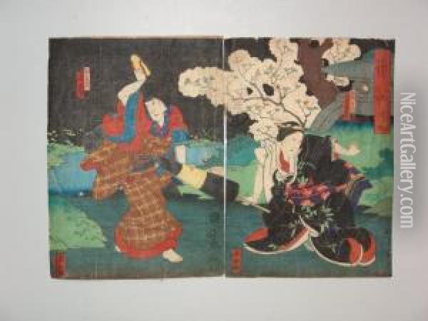 Scenes De Kabuki Oil Painting - Nakai Utagawa Yoshitaki