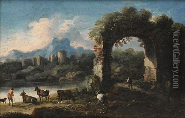 A Drover And His Cattle At A River Before A Ruined Arch Oil Painting - Cajetan Roos