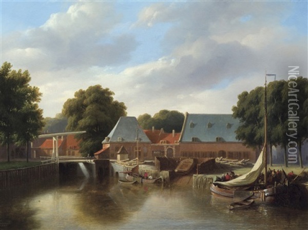 Barges Devant L'ecluse (1861) Oil Painting - Cornelis Kimmel