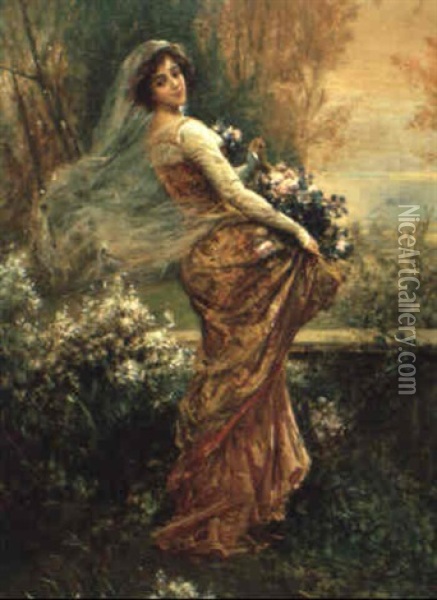 A Young Woman Holding Flowers Oil Painting - Ettore Simonetti