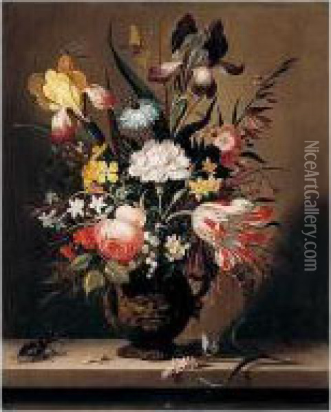 A Still Life Of Flowers, 
Including Tulips, Roses And Irises, In A Grotesque Vase With Insects And
 A Stag Beetle On A Stone Ledge Oil Painting - Jacob Marrel