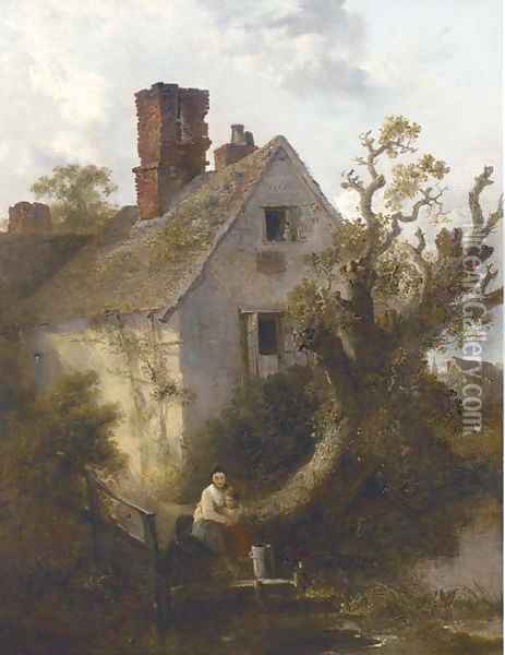 Children before a riverside cottage Oil Painting - Edward Robert Smythe