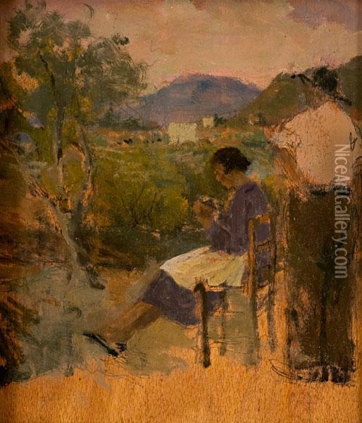 Paesaggio Al Tramonto Con Uomo E Donna Oil Painting - Domenico Colao