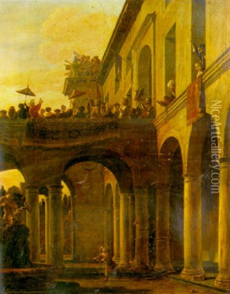 Samson Renverse Les Colonnes Du Temple De Dagon (juge 16, 23) Oil Painting - Salomon de Bray