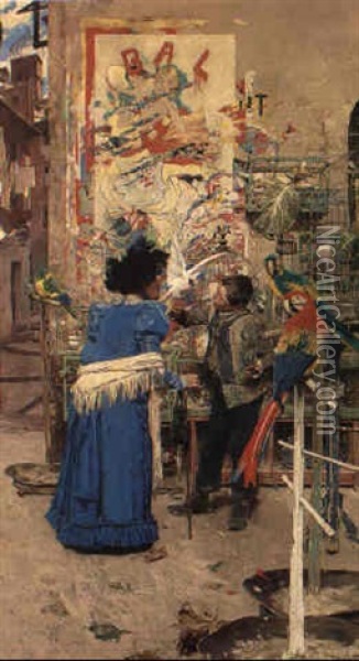 The Parrot Seller, Nice Oil Painting - Edouard (John) Menta
