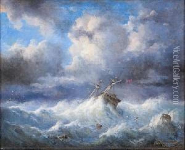 Marina In Tempesta Con Velieri Oil Painting - Raden Sjarief B. Saleh