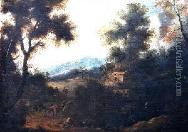An Italianate Landscape With Drovers, Donkeys And Sheep With A Cottage, Woodland And Mountains In The Distance Oil Painting - Francisco Collantes