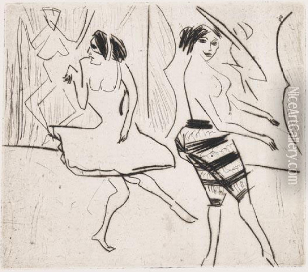 Tanzerinnen Im Atelier. Oil Painting - Ernst Ludwig Kirchner