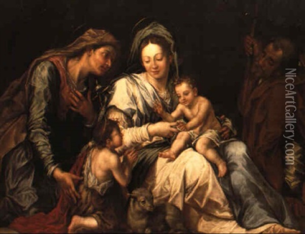 Heliga Familjen Samt Elisabeth Och Johannesbarnet Oil Painting - Agostino Carracci