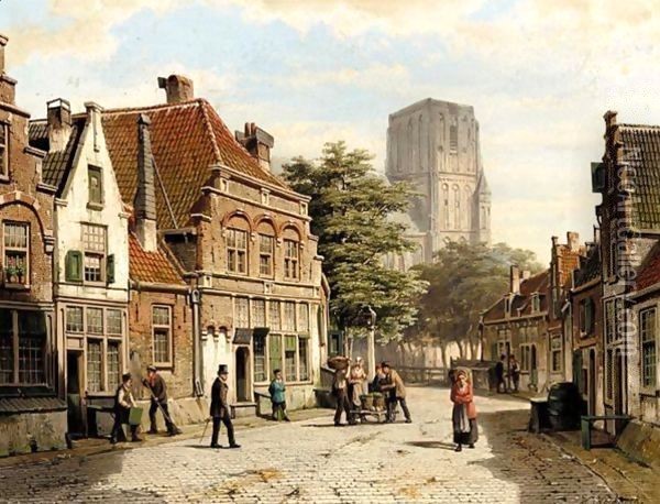 Dutch Street With Church Tower Oil Painting - Willem Koekkoek