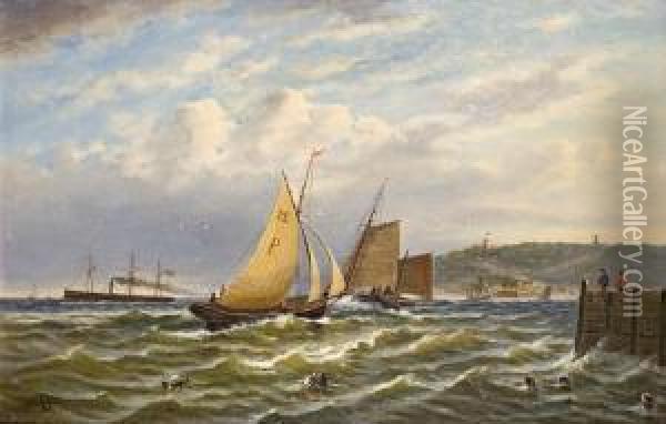 Segelschiffe Und Dampfer Vor Einer Kuste Oil Painting - Johann Baptist Weiss