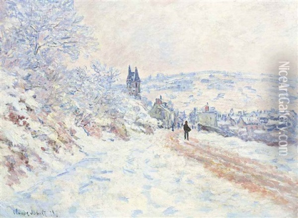 La Route De Vetheuil, Effet De Neige Oil Painting - Claude Monet