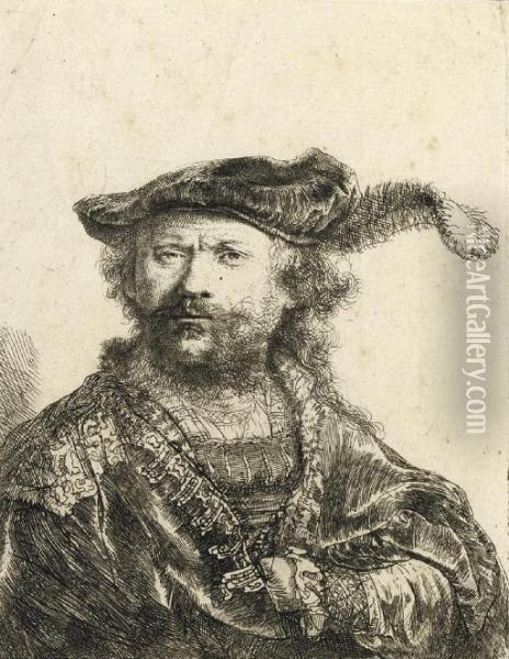 Self-portrait In A Velvet Cap With Plume (b., Holl. 20; H. 156) Oil Painting - Rembrandt Van Rijn
