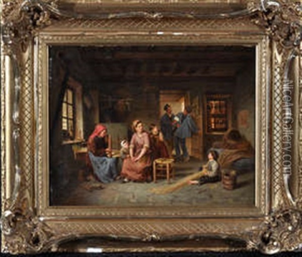 A French Cottage Interior With Two Women Making Rushwork Stools, With Three Children And Two Men Nearby Oil Painting - Paul Seignac