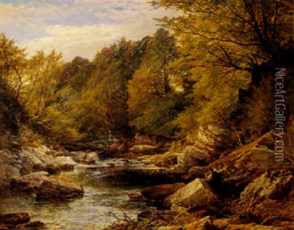 Blick In Ein Gebirgiges Flusstal, Hinter Fels Rechts Ein Angler Oil Painting - John C. Syer