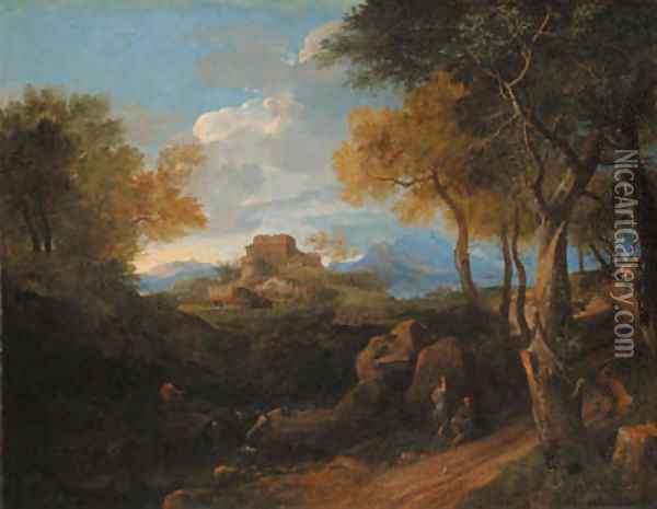An extensive wooded landscape with figures on a path, a borgo beyond Oil Painting - Jean-Francois Millet