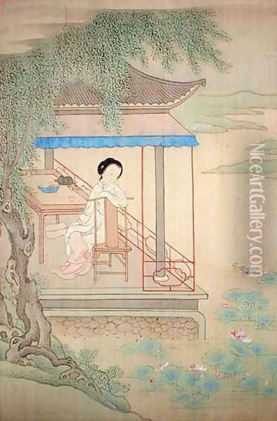 Girl Seated on Porch Oil Painting - Fu Chuiu Ying Shih