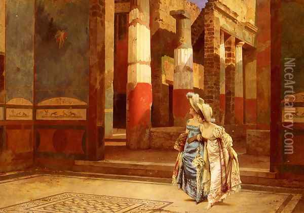 A Visit To Pompeii Oil Painting - Luigi Bazzani